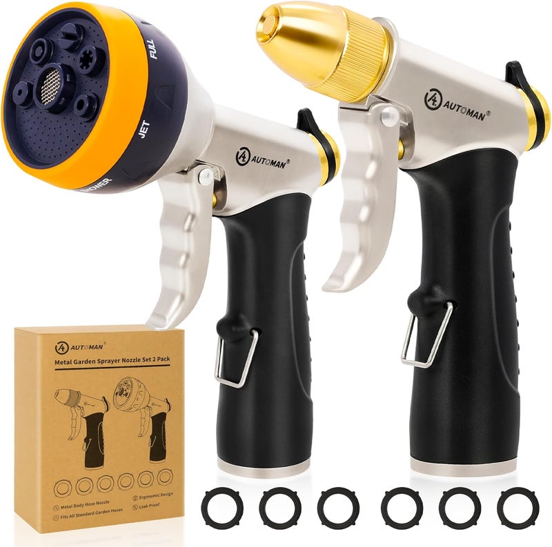 AUTOMAN Garden Hose Nozzles - High Pressure 100% Metal Hose Sprayer 2 Pack, Heavy Duty Garden Watering Nozzle Set, Powerful Garden Nozzle for Watering Plants, Window Cleaning,Washing Cars,Pets Bathing - Image 1